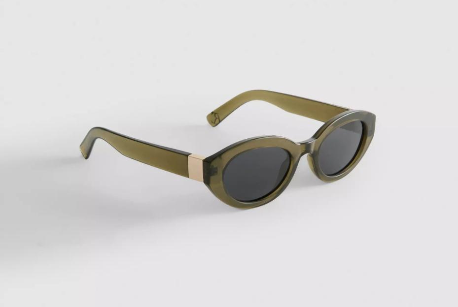 Olive green sunglasses with dark lenses and gold accents.