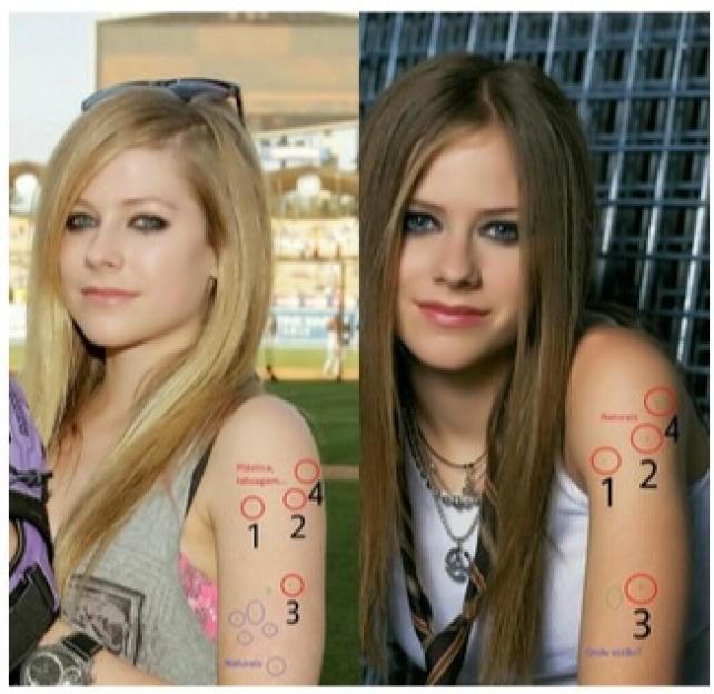 Collage of two images of Avril Lavigne with annotations highlighting differences to fuel the "Avril is dead" conspiracy theory.
