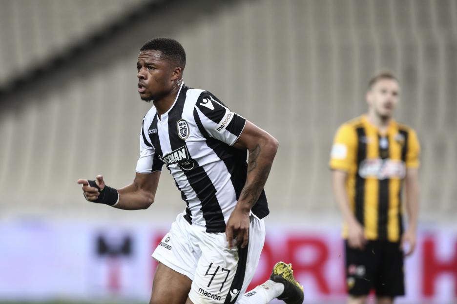 Chuba Akpom of PAOK celebrates scoring during the Greek Cup final.
