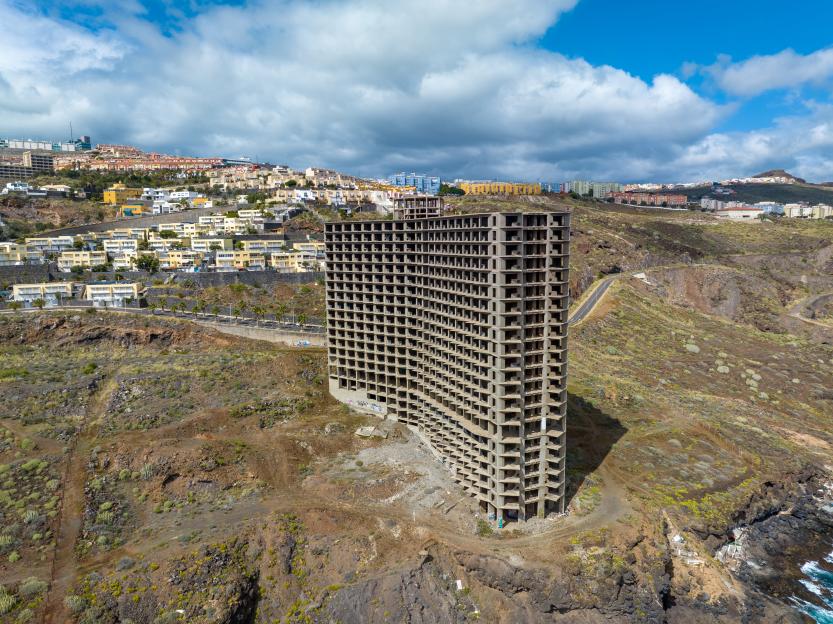 Aerial view of the abandoned Hotel Añaza in Santa Cruz de Tenerife, Spain.