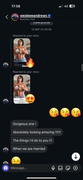 A screenshot of an Instagram chat showing Wesleeeandrews reacting to Tina Prodromou's story with fire emojis and flirtatious messages.