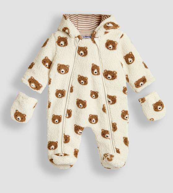Cream-colored pramsuit with a brown bear print, two diagonal zippers, and detachable mittens.