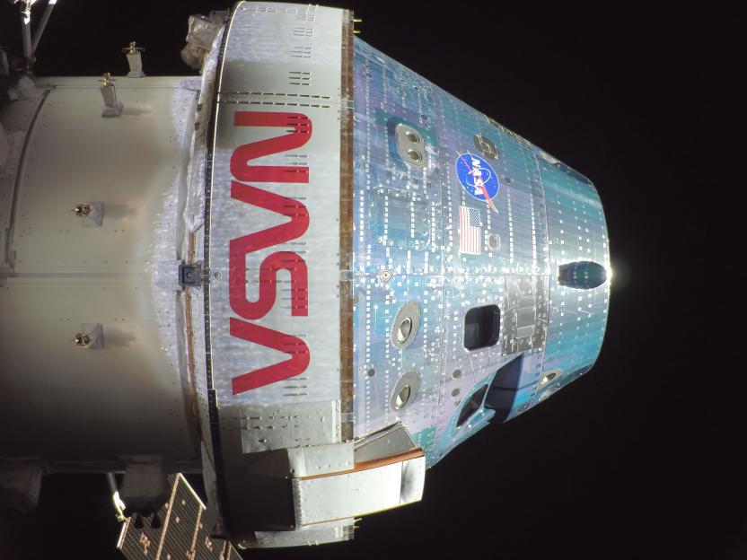 A selfie of the Orion spacecraft in outer space, taken during a routine external inspection on day two of the Artemis II mission.
