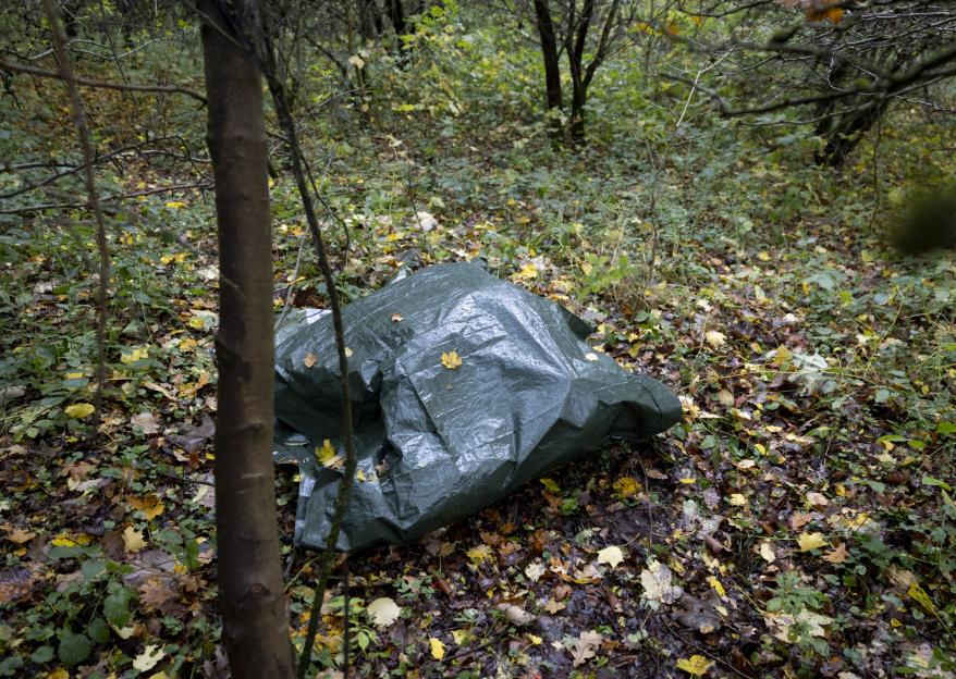 A dark green tarp lying on the ground covered with autumn leaves in a forest.