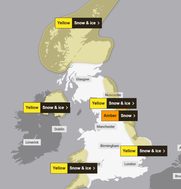 Map of the UK and Ireland showing weather warnings for snow and ice.