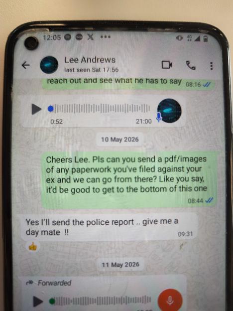 A phone screen showing a WhatsApp conversation with "Lee Andrews," including voice messages and texts about sending paperwork.