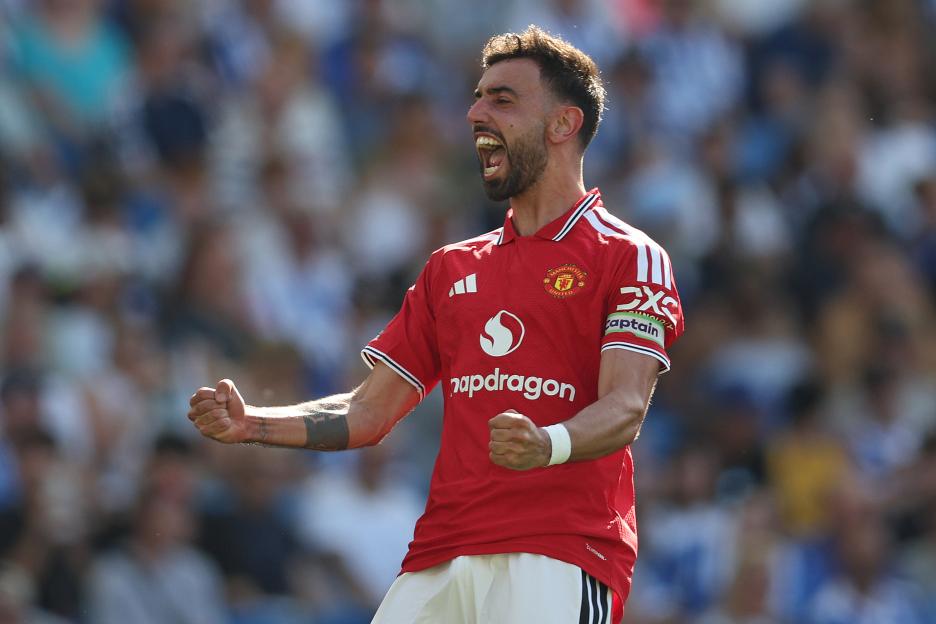 Bruno Fernandes celebrating a goal for Manchester United.