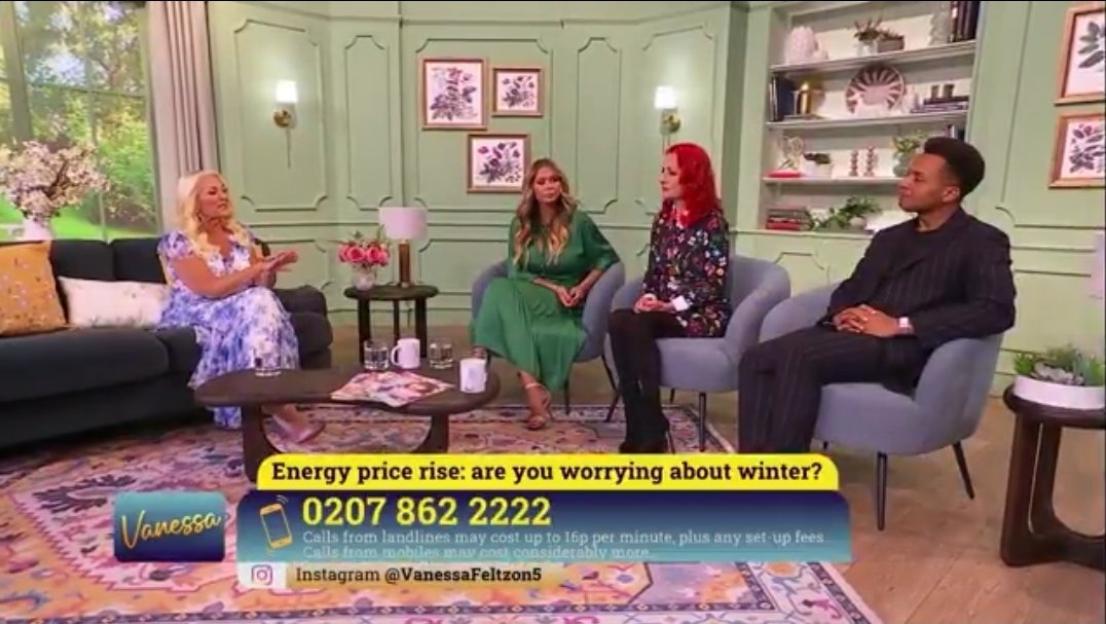 Vanessa Feltz hosts a Channel 5 show about energy price rises and winter, with three guests, a woman in green, a woman in floral print, and a man in a pinstripe suit.