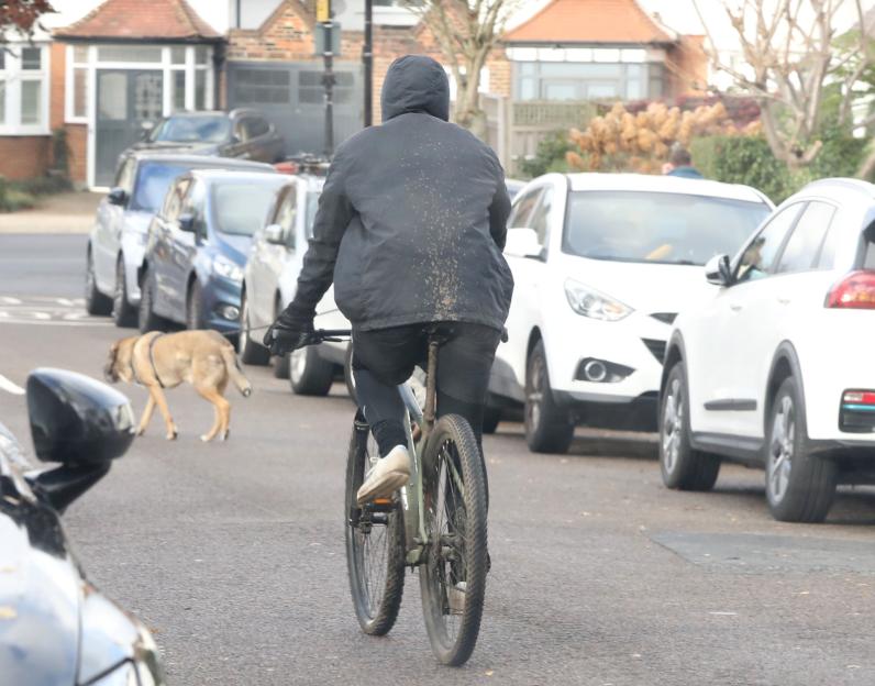 Liam Gallagher on a bicycle with a full white beard, followed by a dog.