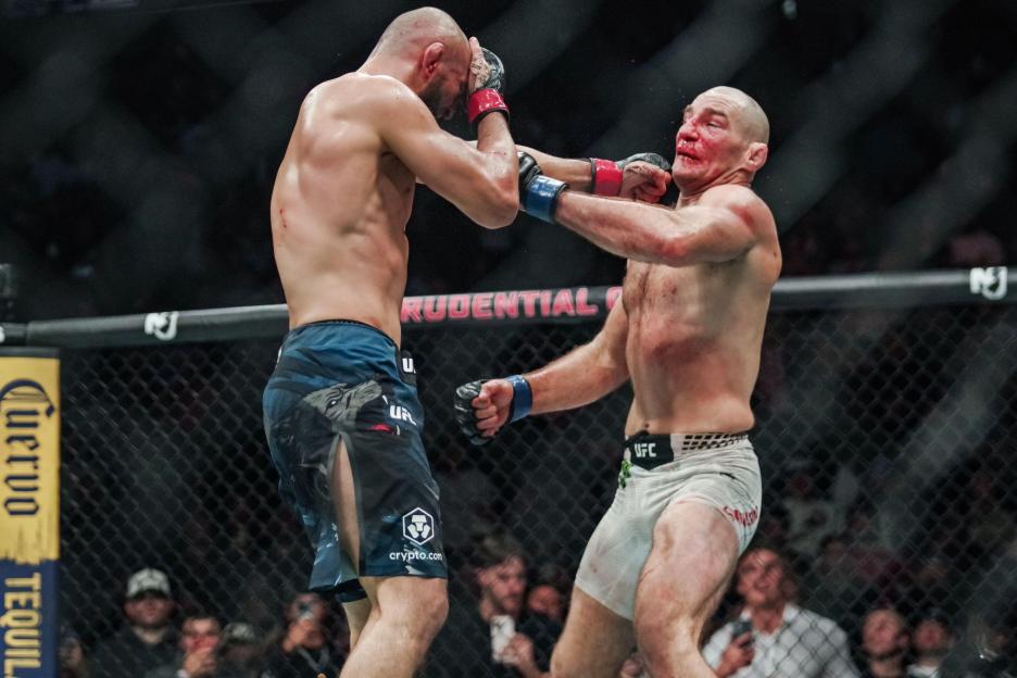 Collage of UFC fighter Sean Strickland's battered face after a fight and a shot of him taking a punch during a fight.