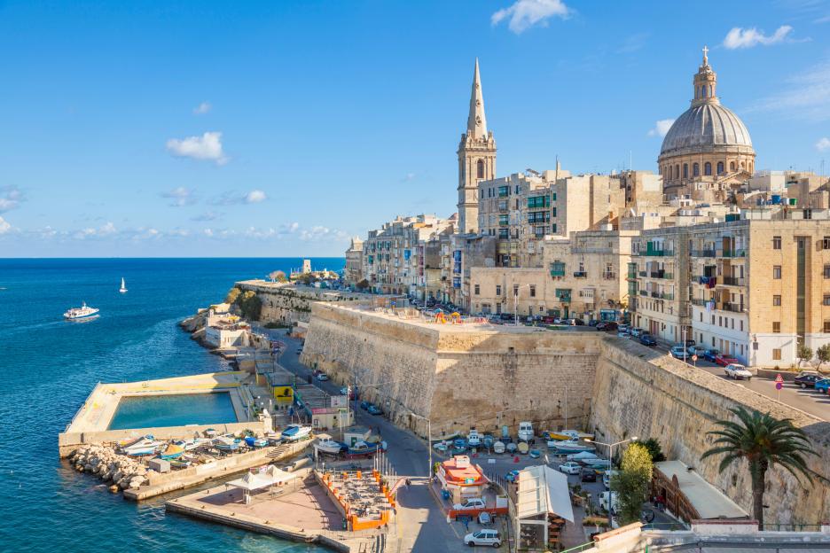 Valletta and Marsamxett Harbour with the Dome of the Carmelite Church and St Pauls Anglican Cathedral Valletta Malta EU Europe