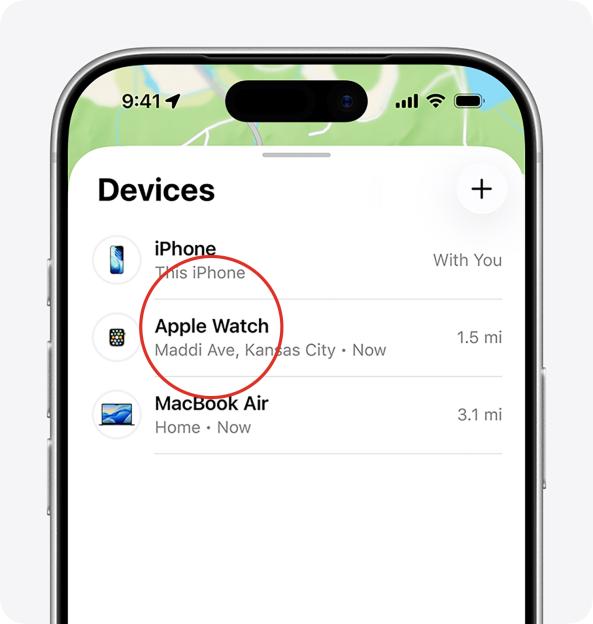 A screenshot of the Find My app on an iPhone, with "Apple Watch" highlighted, indicating its location on Maddi Ave, Kansas City, 1.5 miles away.