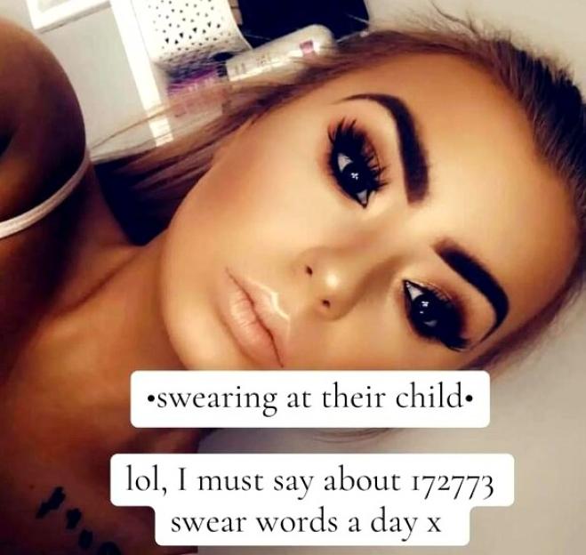 A woman with dramatic makeup and text bubbles about swearing in front of her child.