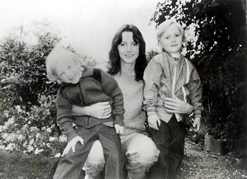 Black and white photo of Sheila Caffell with her twin sons Nicholas and Daniel.