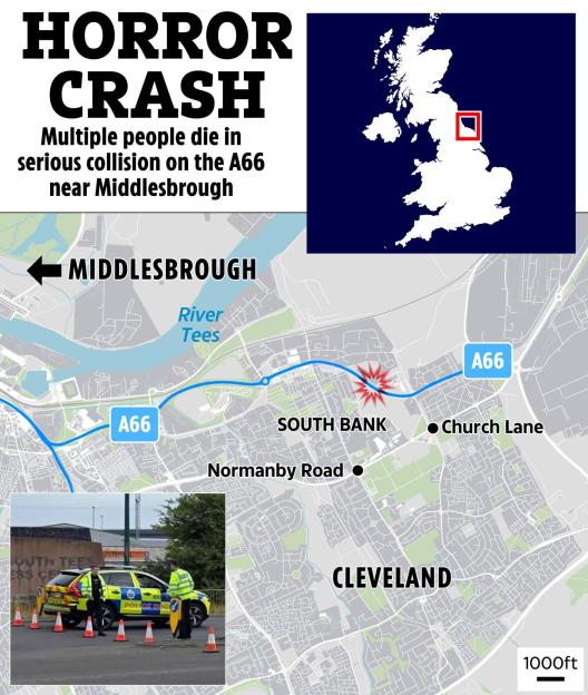 Illustration of a map showing a serious collision on the A66 near Middlesbrough, with an inset of the UK highlighting the region and a photo of emergency services at the scene.