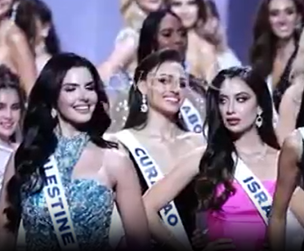 Contestants Miss Palestine, Miss Curacao, and Miss Israel at a pageant.