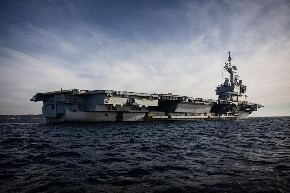 The French aircraft carrier Charles de Gaulle sails on the Mediterranean Sea.