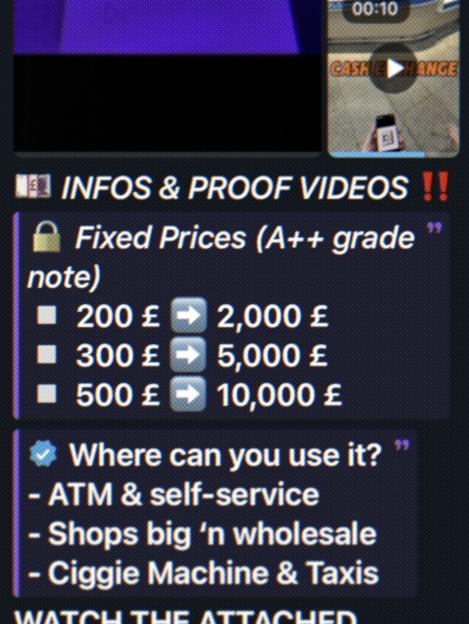Screenshot of an online advertisement for counterfeit money, listing prices and places where it can be used, with an overlay of "CASH EXCHANGE".