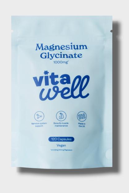 A light blue pouch of VitaWell Magnesium Glycinate 1000mg, 120 vegan capsules.