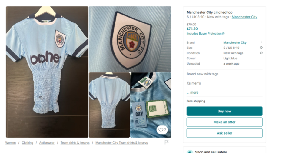 A cropped Manchester City shirt with a cinched waist, displayed on a Vinted listing.