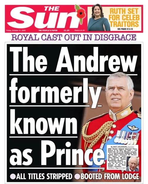 The Sun front page featuring the headline "THE ANDREW FORMERLY KNOWN AS PRINCE" alongside a photo of Prince Andrew in military uniform.