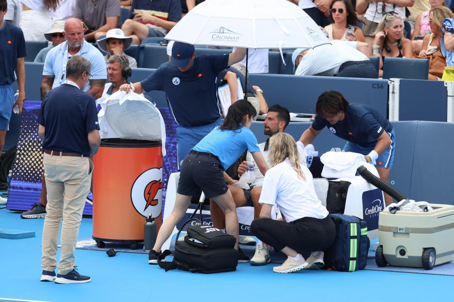 Chicago, USA. 15th Aug, 2026. MASON, OHIO - AUGUST 15: Novak Djokovic of Serbia receives medical treatment during day five of the Cincinnati Open at the Lindner Family Tennis Center on August 15, 2026 in Mason, Ohio. Credit: SPP Sport Press Photo. /A