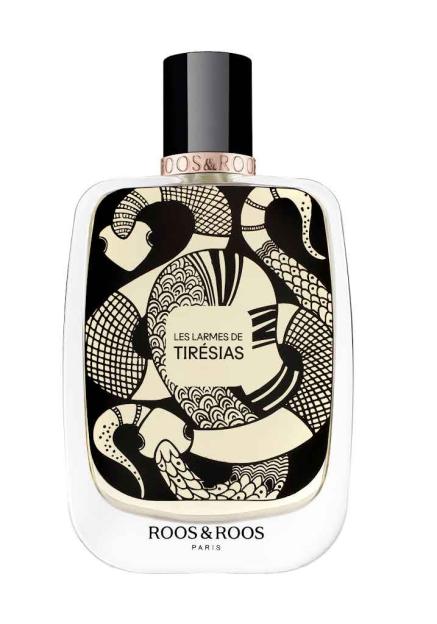 A bottle of Roos & Roos Les Larmes de Tirésias perfume with a black and cream pattern.