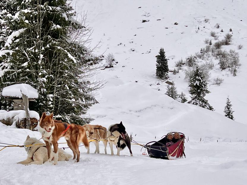 Two women in a dogsled pulled by five huskies in a snowy landscape.