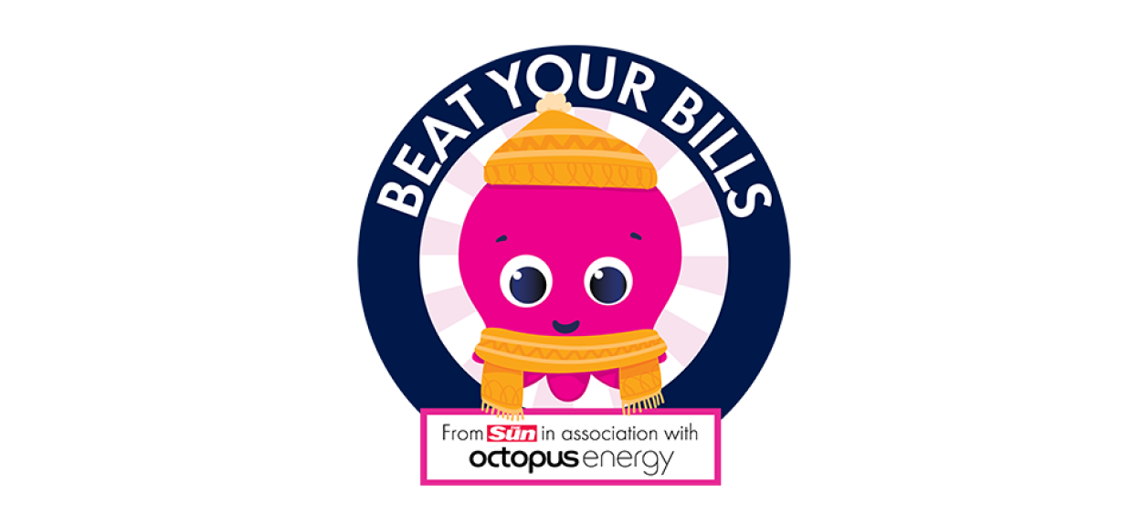 Illustration of a pink octopus wearing a winter hat and scarf inside a dark blue circle with "BEAT YOUR BILLS" written around the top, and "From Sun in association with octopus energy" below.