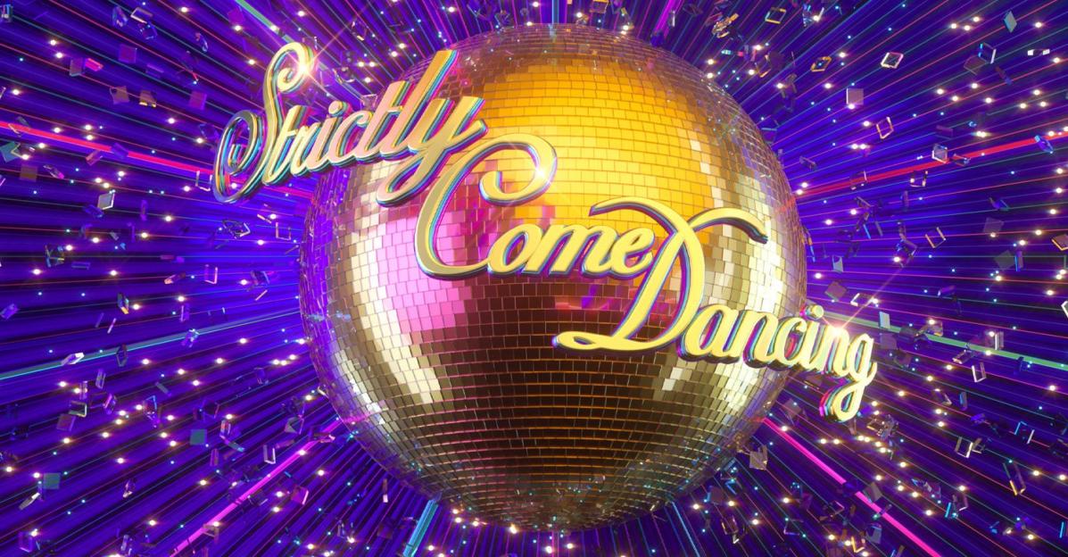 Illustration of the "Strictly Come Dancing" logo on a disco ball, surrounded by purple and pink light rays and floating confetti.