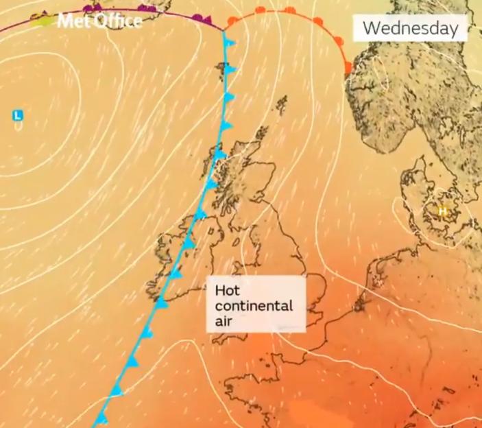 Illustration of a weather map showing hot continental air over the UK.