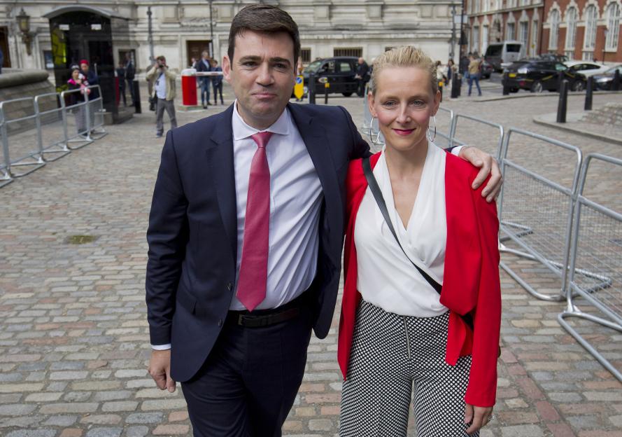 Andy Burnham with his wife, Marie-France van Heel, at the Labour Party leadership ballot result.