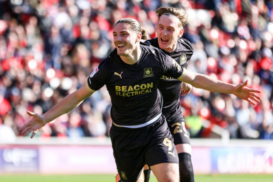 BARNSLEY, ENGLAND - APRIL 06: Lorent Tolaj of Plymouth Argyle celebrates his goal during the Sky Bet League One match between Barnsley and Plymouth Argyle at Oakwell on April 06, 2026 in Barnsley, England.