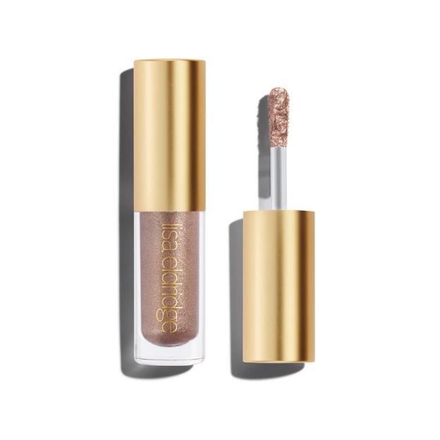 Lisa Eldridge Liquid Lurex Eyeshadow in a gold-capped clear tube with an applicator.