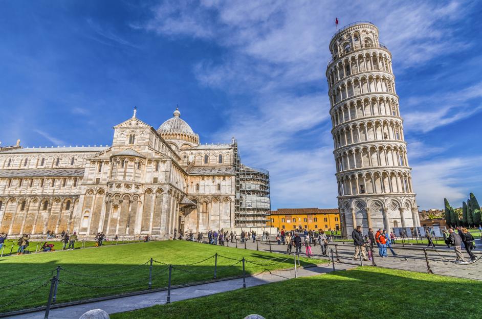 Leaning Tower of Pisa and Pisa Cathedral in Piazza del Duomo, Italy.
