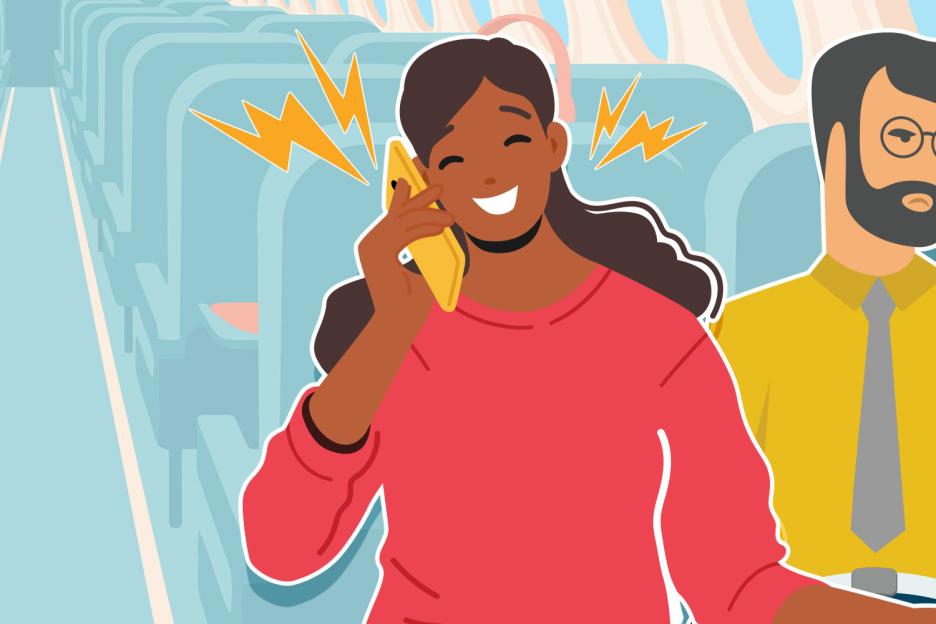 Illustration of a passenger talking loudly on a phone on an airplane while an unhappy passenger sits nearby.