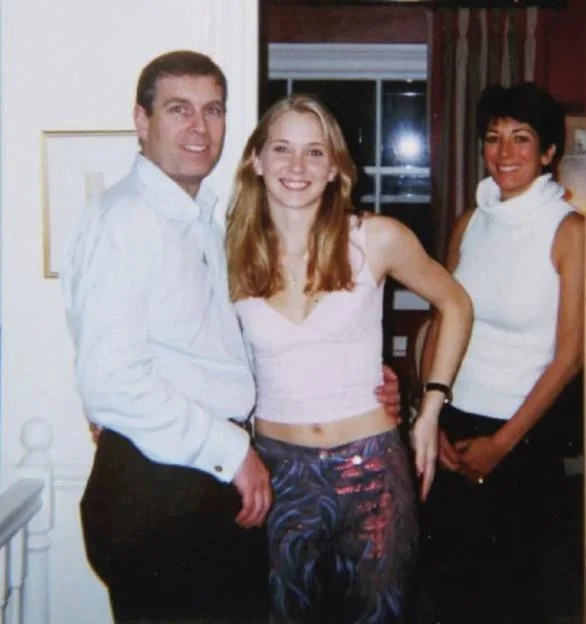 The Duke of York, Virginia Giuffre, and Ghislaine Maxwell stand together indoors.