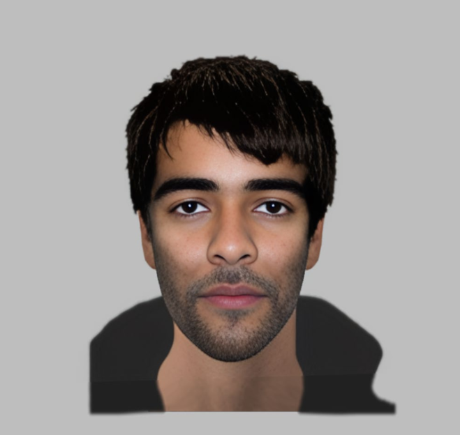Illustration of an e-fit image of an Asian man in his late twenties or early thirties with short black hair, dark stubble, and a bump on his nose.