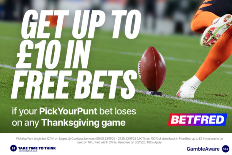 Score up to £10 in FREE BETS if your NFL PickYourPunt loses this Thanksgiving Thursday with Betfred!