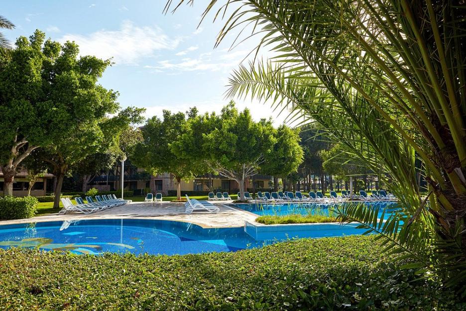 Swimming pool surrounded by lounge chairs, trees, and palm fronds at Gloria Golf Resort.