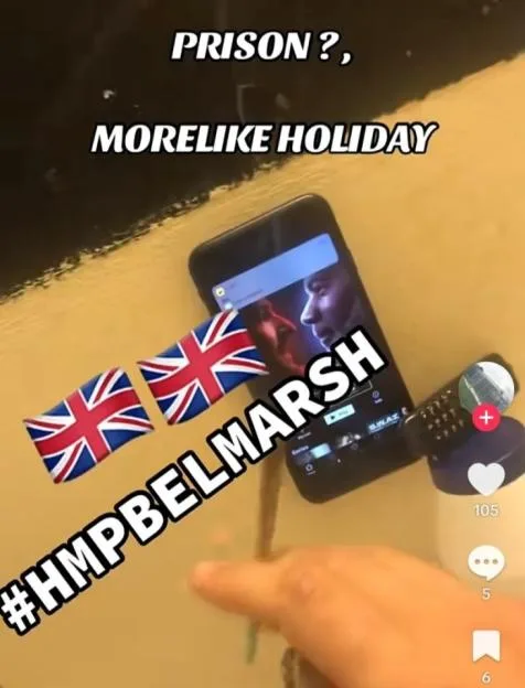 A TikTok video showing a hand holding a joint in HMP Belmarsh prison, with the text "PRISON ?, MORELIKE HOLIDAY."
