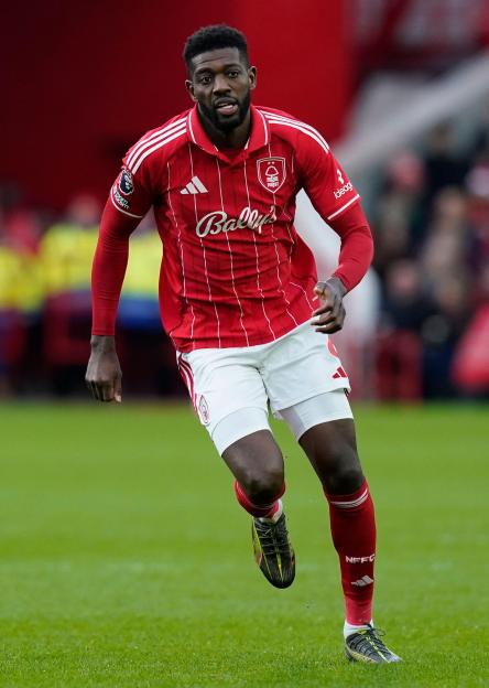 Ibrahim Sangare of Nottingham Forest in a red jersey and white shorts.