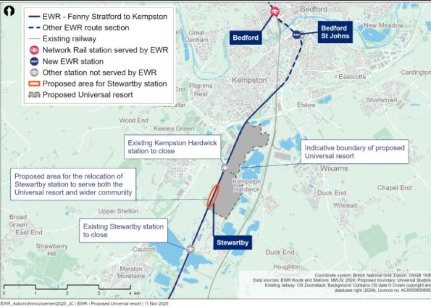 Map illustration showing the proposed EWR route and stations, with a new station near the proposed Universal resort and the relocation of Stewartby station.