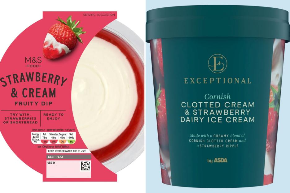 An image collage containing 2 images, Image 1 shows M&S Food Strawberry & Cream Fruity Dip with nutritional information, Image 2 shows ASDA Exceptional Cornish Clotted Cream & Strawberry Dairy Ice Cream