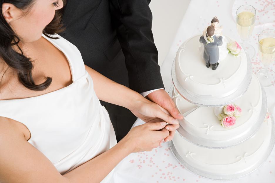 Bride and groom cutting a wedding cake.