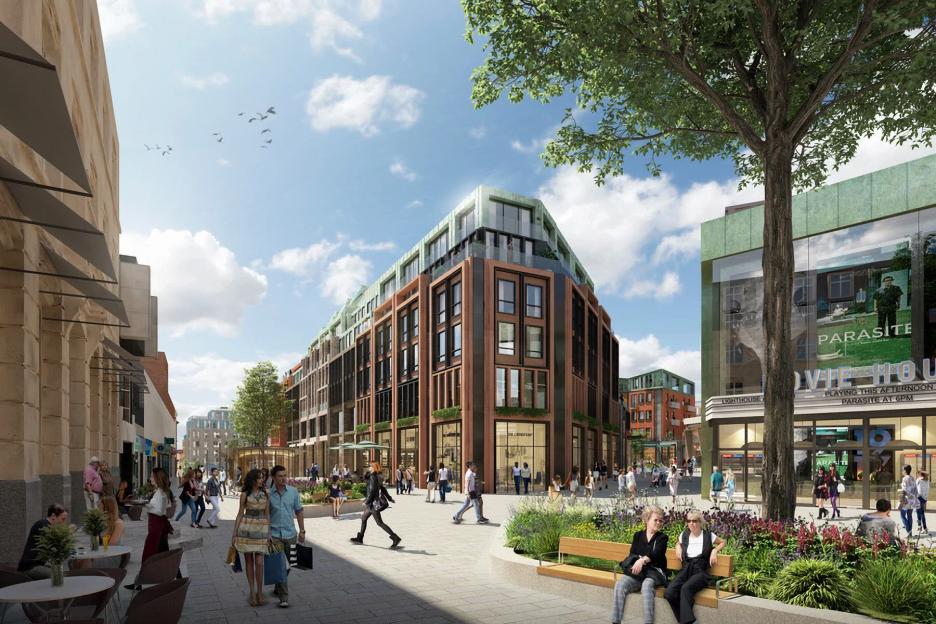 Illustration of a proposed city center redevelopment with modern buildings, shops, and people walking and sitting in a park area.