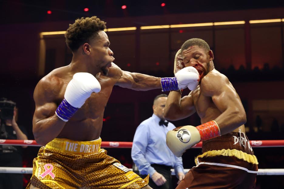 Devin Haney punches Brian Norman Jr. during a WBO world welterweight title fight.