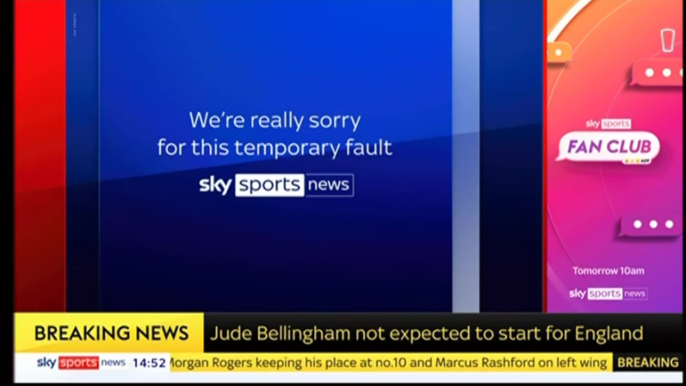 Sky Sports News screen displaying 'We're really sorry for this temporary fault' with breaking news about Jude Bellingham.