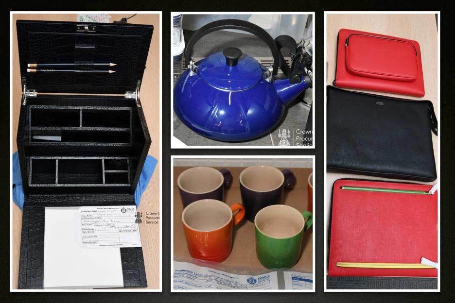 Collage of seized items including a black briefcase, blue teapot, colorful mugs, and various bags.