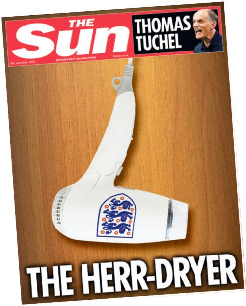 Illustration of a newspaper front page with the headline "THE HERR-DRYER", featuring a hairdryer adorned with the England football team crest, and a smaller image of Thomas Tuchel.